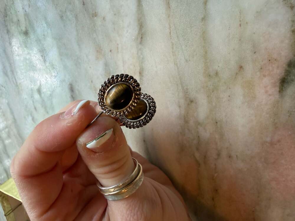 Vintage Avon Silver Tone Rope Border Faux Tiger Eye Dangle Earrings